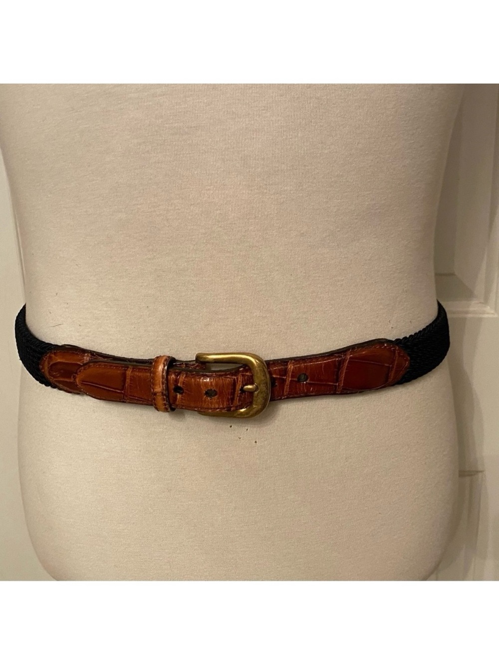 BRIGHTON MENS BELT NAVY BLUE BRAIDED CORD BROWN CROC LOOK LEATHER SIZE 36 USA